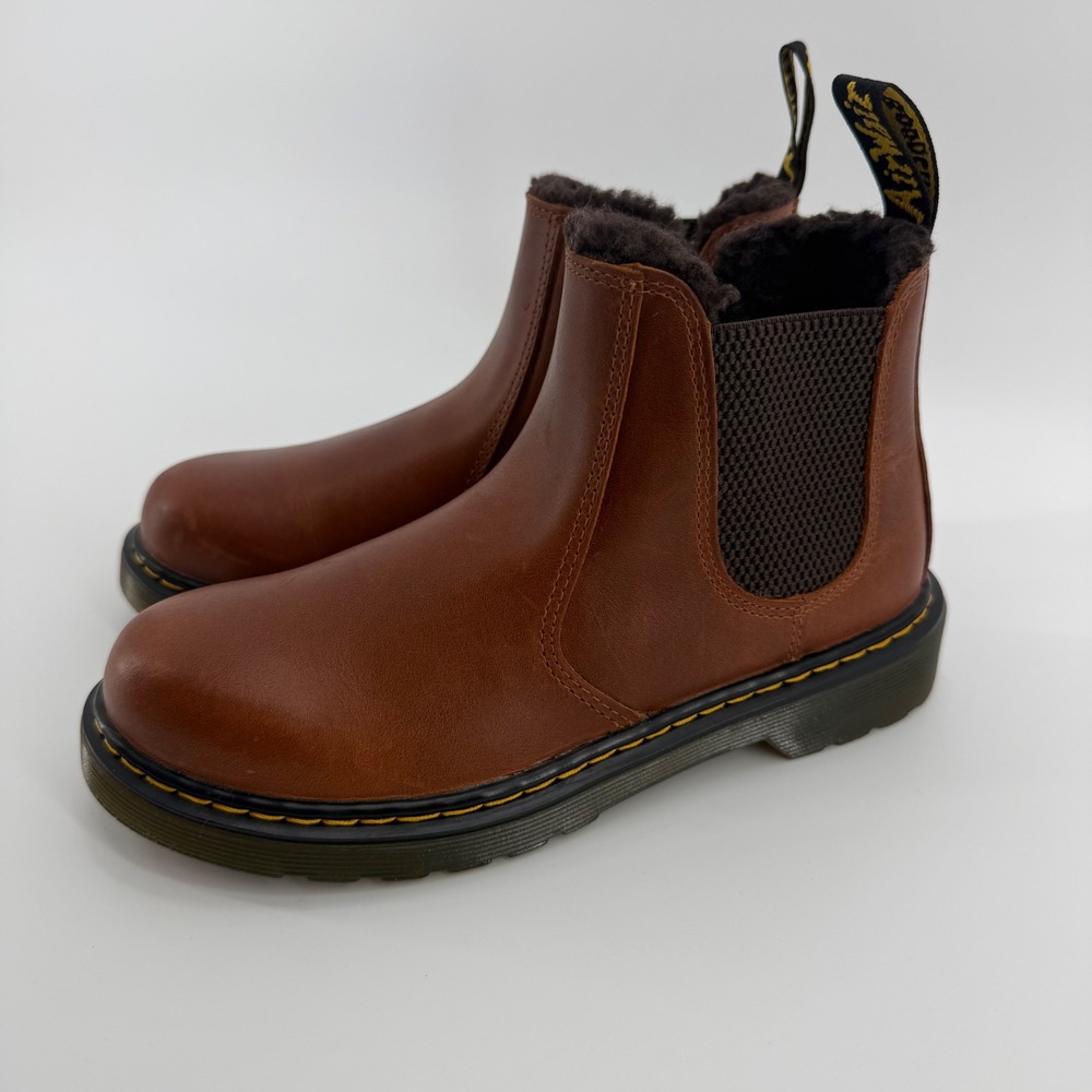 Dr. Martens 2976 Leonore Kids Brown Republic Leather Faux Fur Chelsea Boots 3 US